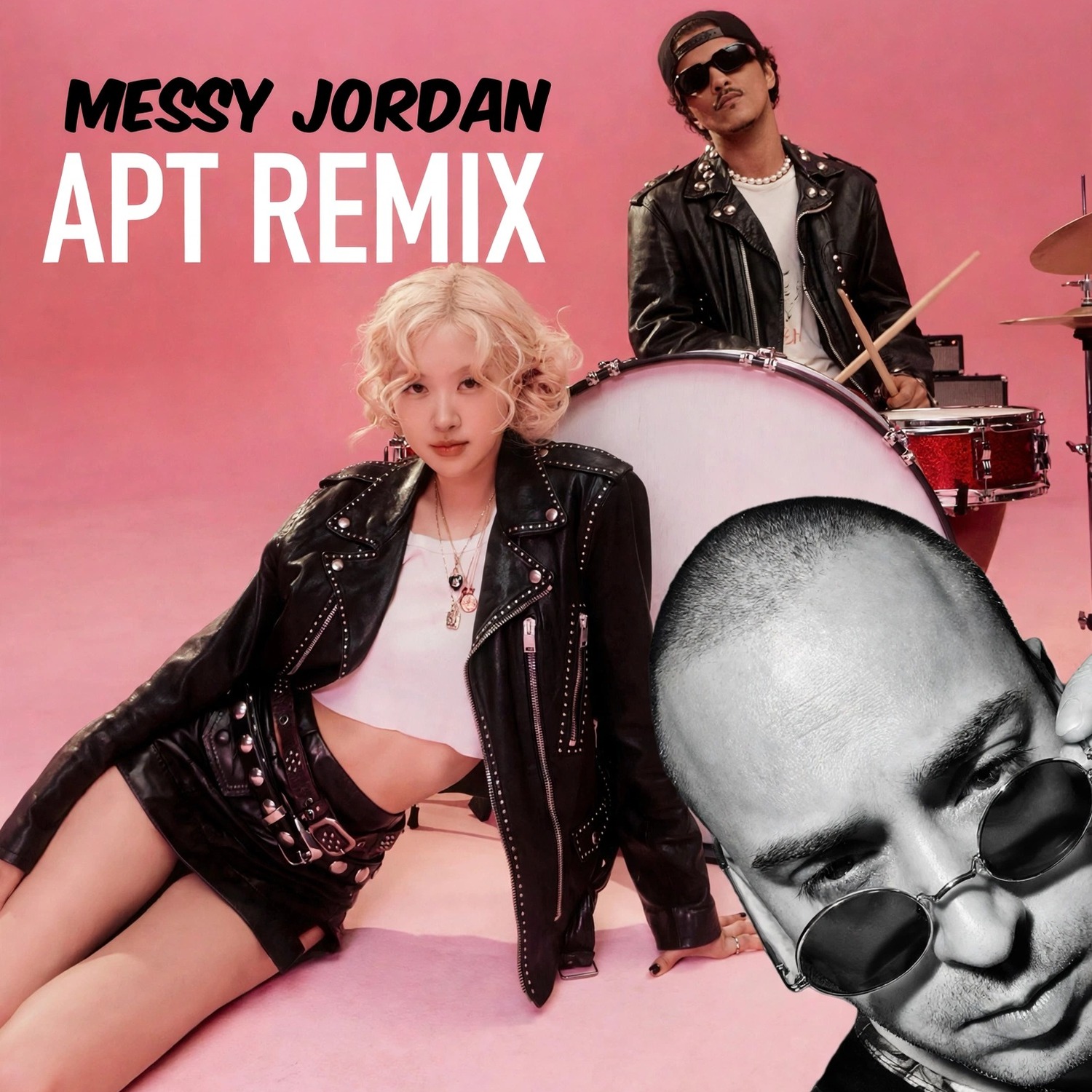 APT Remix cover art — Messy Jordan in black and white with dark sunglasses in the foreground, with ROSÉ and Bruno Mars in black leather jackets against a pink background