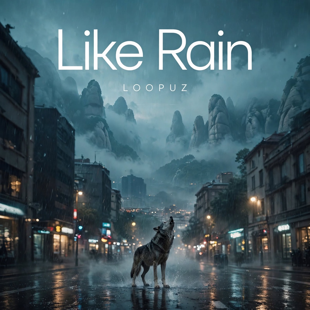 Like Rain by Loopuz cover art featuring a howling wolf on a rainy city street