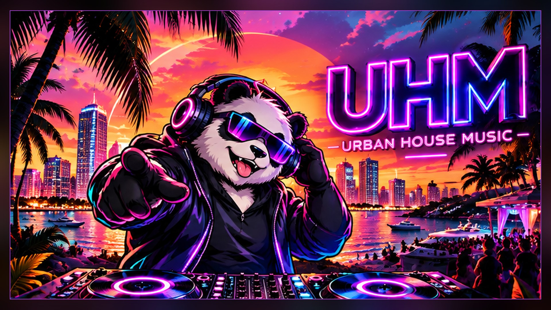 The UHM panda DJ pointing at the crowd from behind the decks, Miami skyline and a beach party at sunset