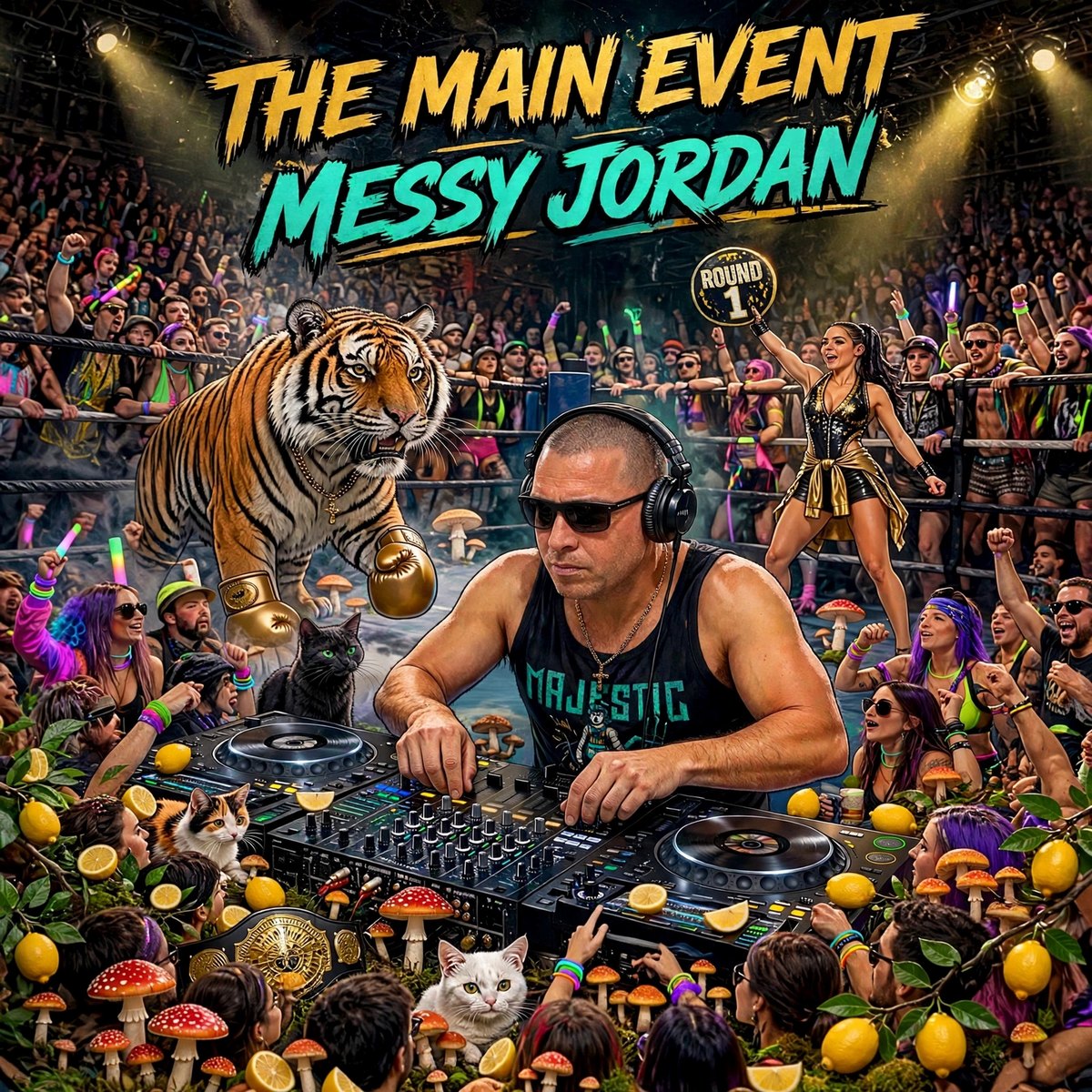 THE MAIN EVENT cover art — Messy Jordan at the DJ decks in a boxing ring with a tiger wearing gold boxing gloves, a ring girl holding a Round 1 sign, and a festival crowd